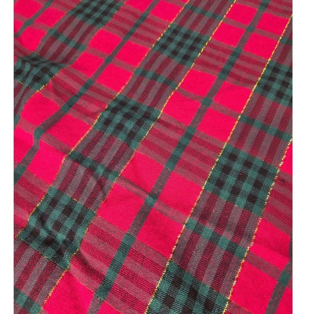 Vintage Kmart Christmas Red Green Gold Tartan Plaid Round Tablecloth Fringe Trim